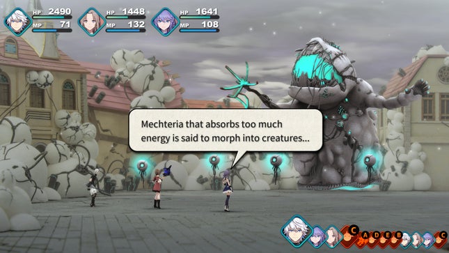 Leo, Kina, and Cheryl battle the Mechteria monster.